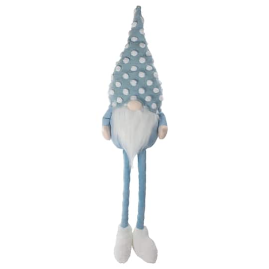 34&#x22; Blue &#x26; White Sitting Spring Gnome with Polka Dot Hat Figure